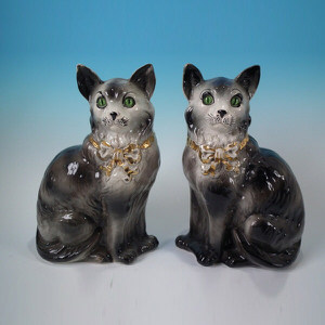 Pair Staffordshire grey cats with glass eyes
