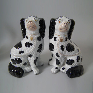 Pair Staffordshire black&white Disraeli spaniels