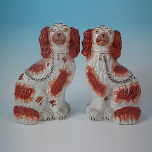 Pair Staffordshire No.2 russet & white spaniels
