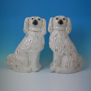 Large Pair Staffordshire white & gilt spaniels