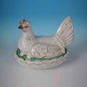 Staffordshire gilt and white hen on nest tureen