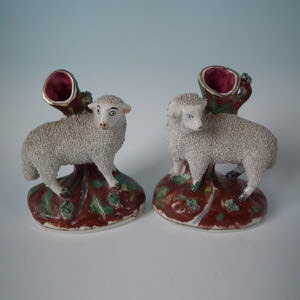 Pair Kent Staffordshire ram & ewe spill vases