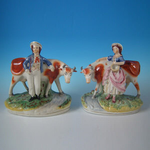 Large Pair Kent Staffordshire cow with milkmaid/milkman figures