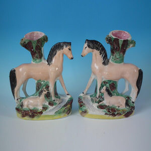 Pair Staffordshire horses & foal figures