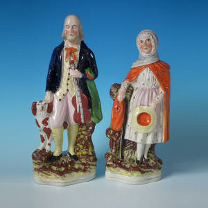 Pair Staffordshire blind fiddler and old lady figures