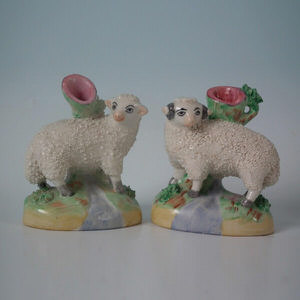 Small Pair Kent Staffordshire sheep/ram spill vases