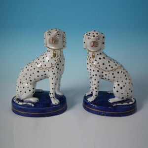 Pair Staffordshire Dalmatians on cobalt blue bases