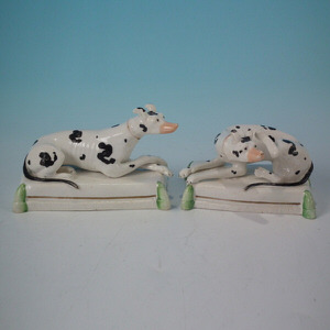 158 Pair Rare Staffordshire recumbent whippets on cushions