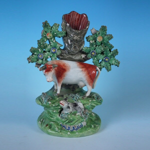 Walton Staffordshire Pearlware bocage cow & calf spill vase