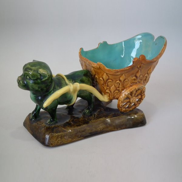Majolica Pug & Cart Flower Holder - ID#16250 Image 1