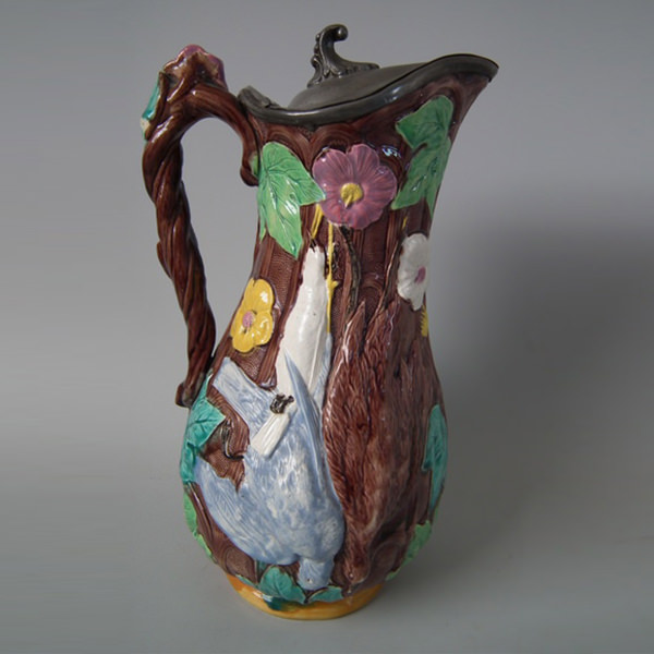 Large Majolica game pitcher with pewter lid - ID#18429 Image 1