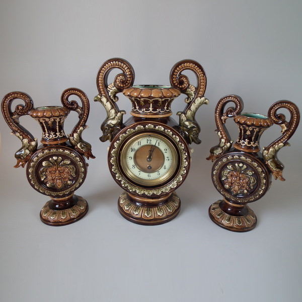 Majolica clock garniture of dolphin handled clock & vases - ID#19245 Image 1