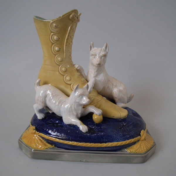 Brown Westhead Moore & Co Majolica terriers and boot vase - ID#19850 Image 1