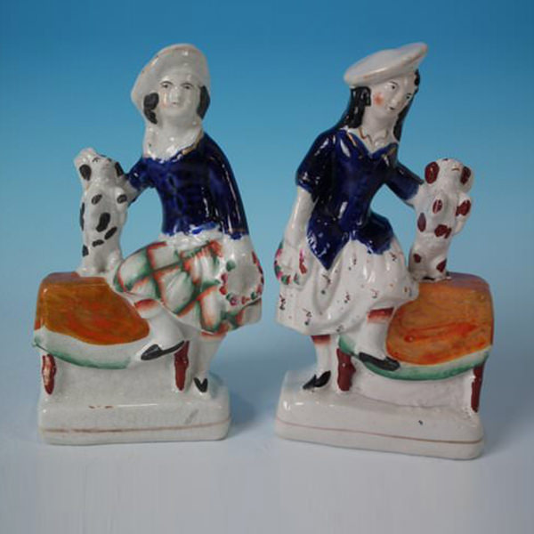 Pair Staffordshire pottery children with begging dogs - ID#20183 Image 1