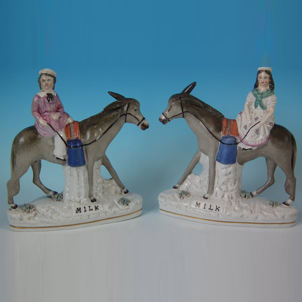 Pair Staffordshire milkmaid & donkey figures titled, 'MILK' - ID#20378 Image 1