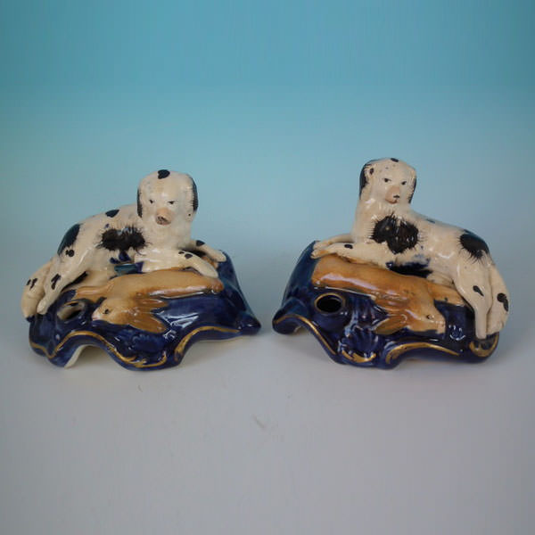 Pair Staffordshire spaniels with hare inkwells - ID#18533 Image 1