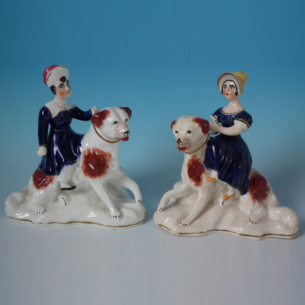 Pair Staffordshire children seated on dogs - ID#18941 Image 1