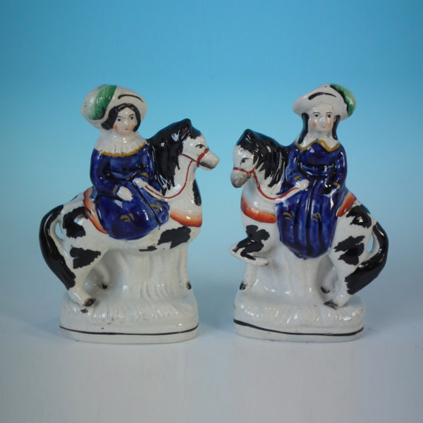 Small Pair Staffordshire girl/boy on horseback figures - ID#19384 Image 1