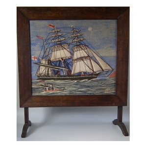 Sailors Woolwork Picture of a Steamship in a Firescreen