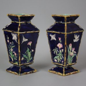 Pair George Jones Majolica Diamond Shaped Vases