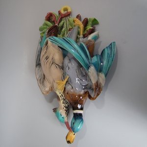 Large Majolica Hanging Game Birds Wall Pocket