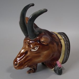 Majolica Goat Head Snuff Box with Pewter Lid