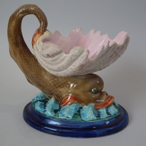 Royal Worcester Majolica Dolphin and Shell Sauce Dish
