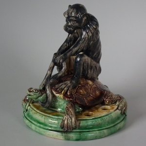 Rare Mafra Palissy Majolica Sloth & Mischief Flower Holder