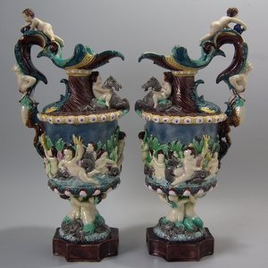 Pair Thomas Sergent Palissy Majolica Mythological Ewers