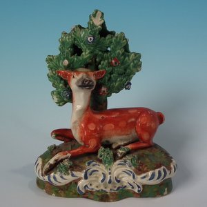 Staffordshire Pearlware Deer with Bocage Figure