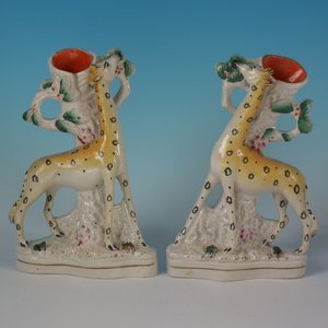 Pair Staffordshire Pottery Giraffe Spill Vases
